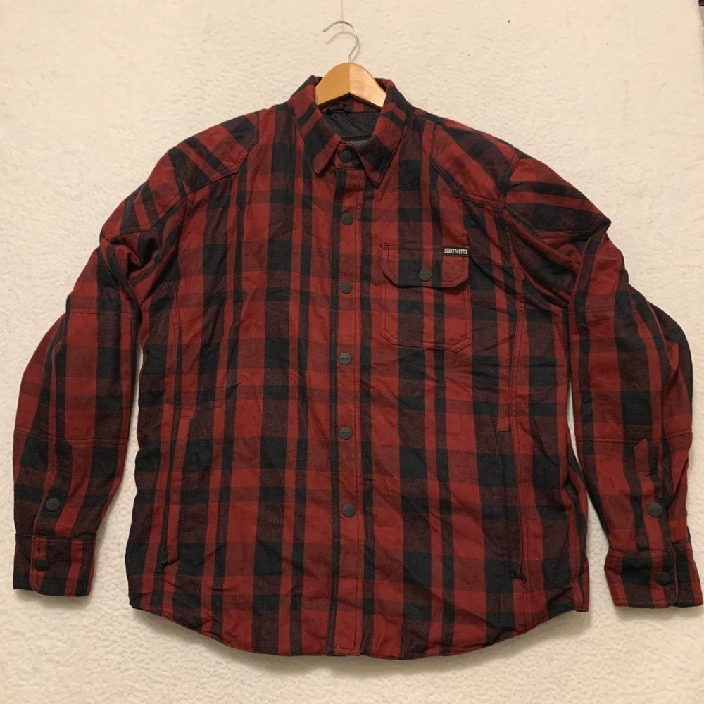 Street & Steel Moto Flannel Jacket Mens L Armored Motorcycle Riding Red Black